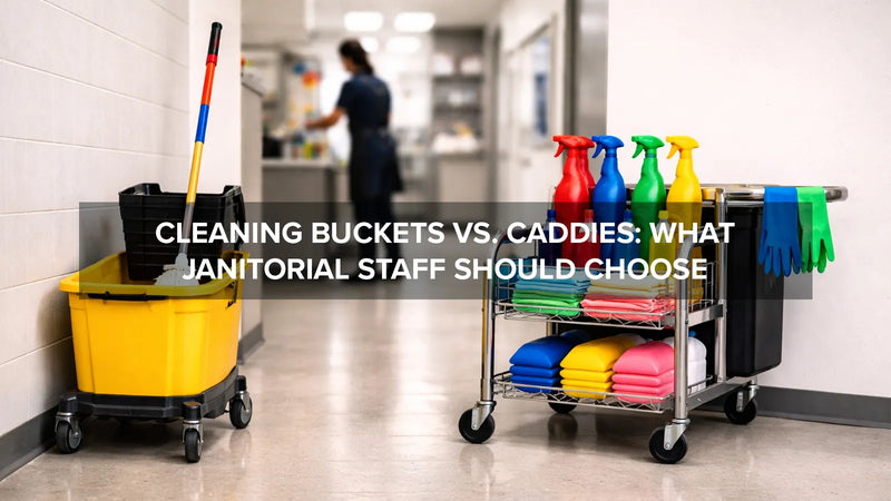 Comparison of a mop bucket system and a janitorial cleaning caddy used in commercial cleaning
