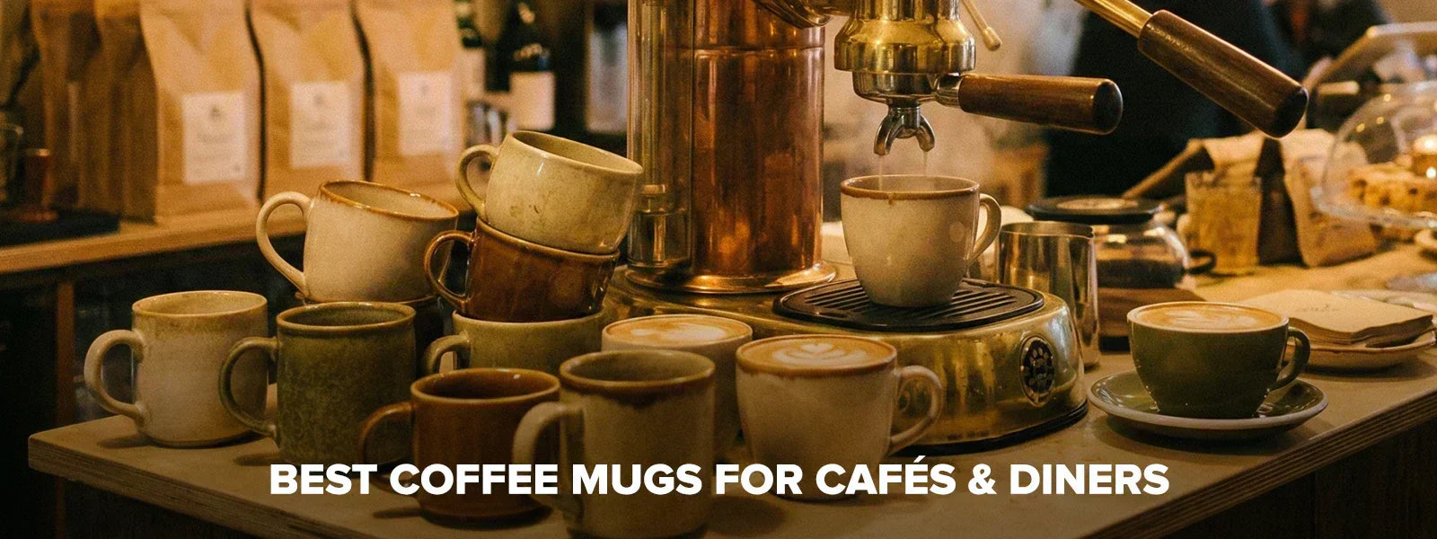  Assorted coffee mugs displayed on a café table with the title “Best Coffee Mugs for Cafés and Diners” centered in the design