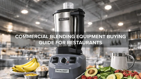 Commercial blender in a restaurant kitchen used for smoothies, sauces, and food preparation