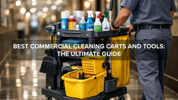 Janitorial cleaning cart with commercial cleaning tools used in restaurants and facilities