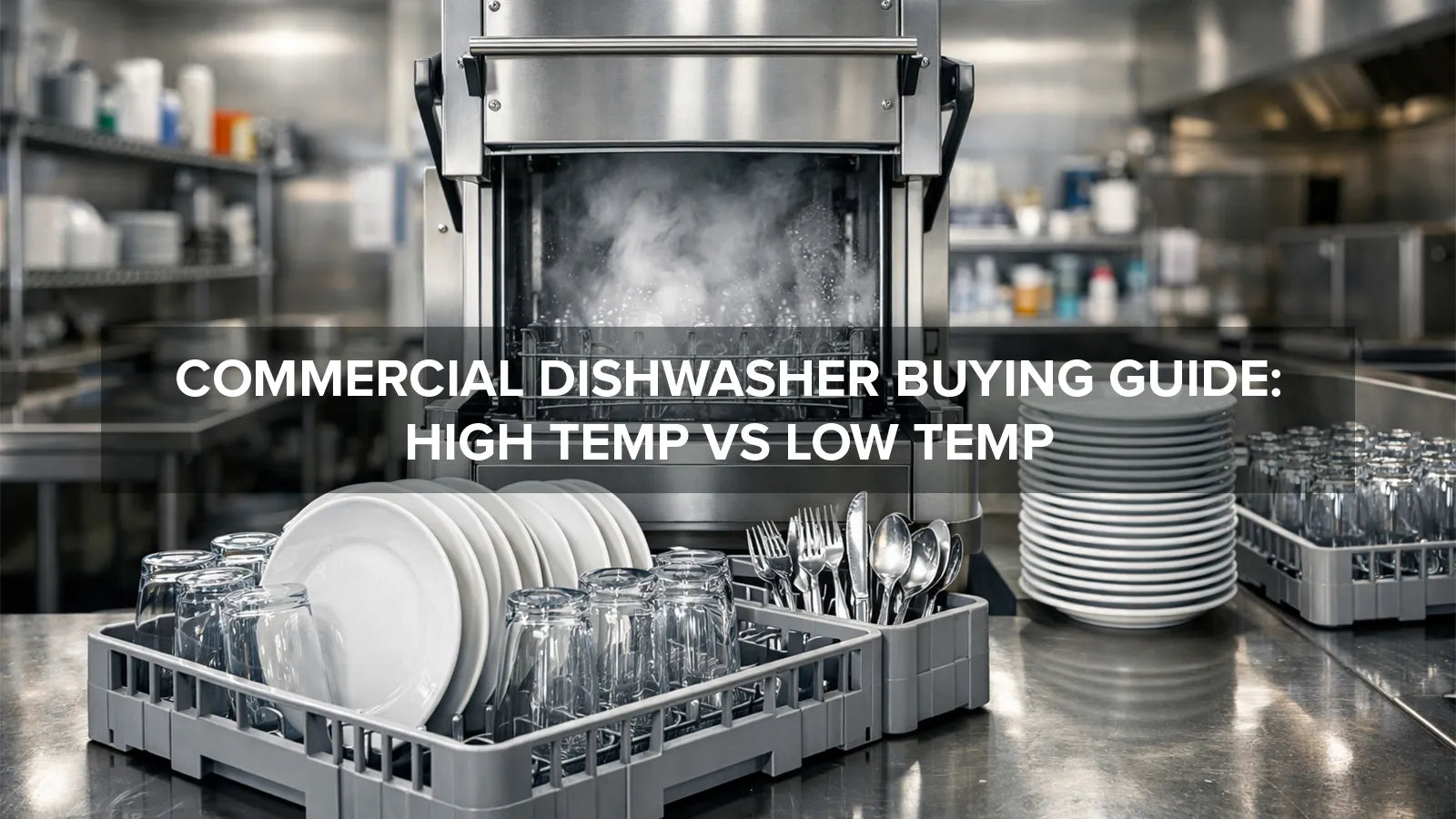 Commercial kitchen dishwashing station with stainless steel dishwasher and racks of dishes