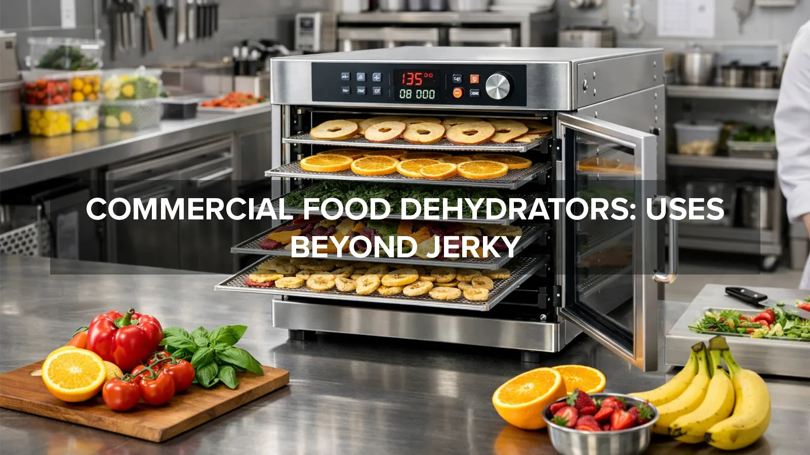 Commercial food dehydrator with trays of dried fruits and vegetables in a professional kitchen