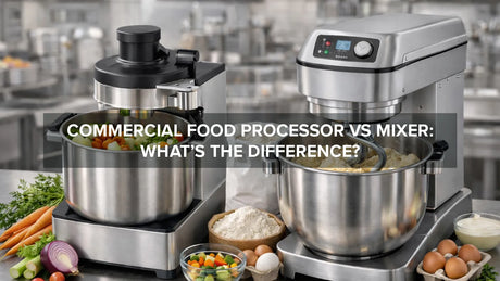 Side-by-side view of a commercial food processor and a commercial mixer in a professional kitchen header image