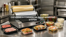 Commercial food wrapping system in a restaurant prep area used to wrap food trays and ingredients