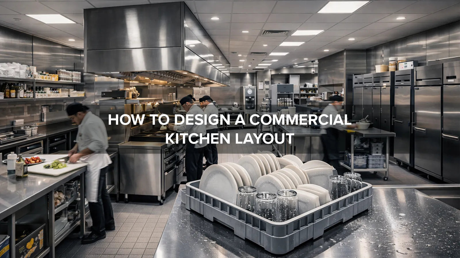 Professional commercial kitchen showing organized layout with cooking, prep, and dishwashing stations