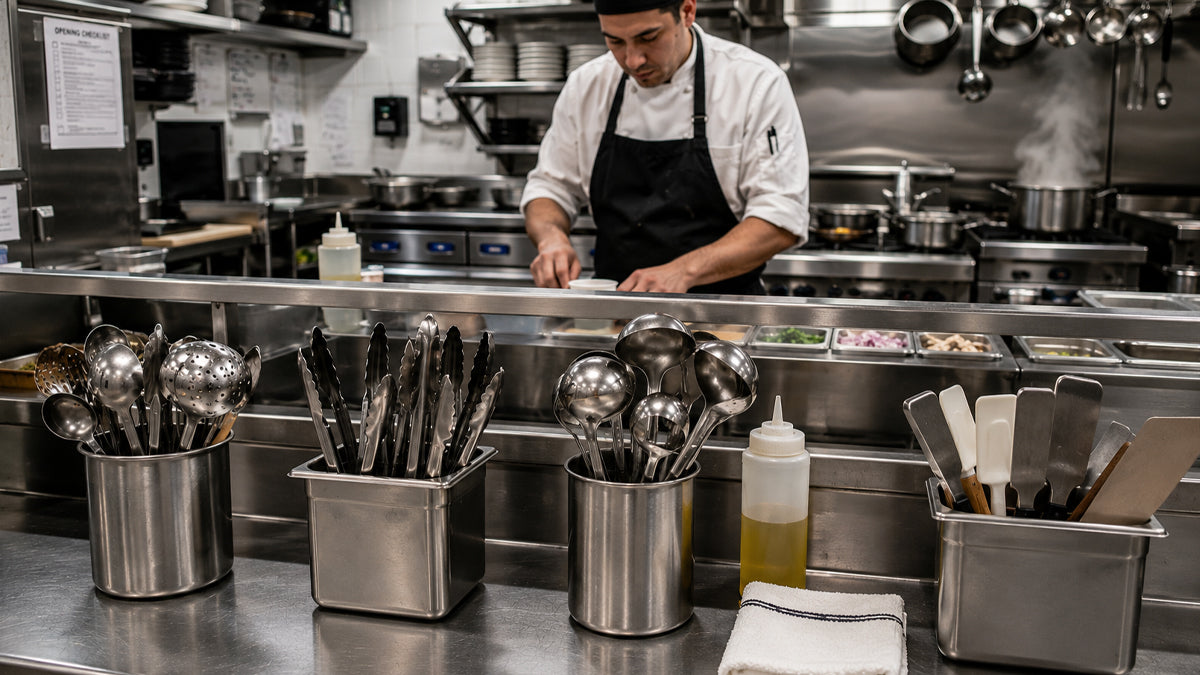 Organized commercial kitchen station with cutlery and utensil holders on prep counter