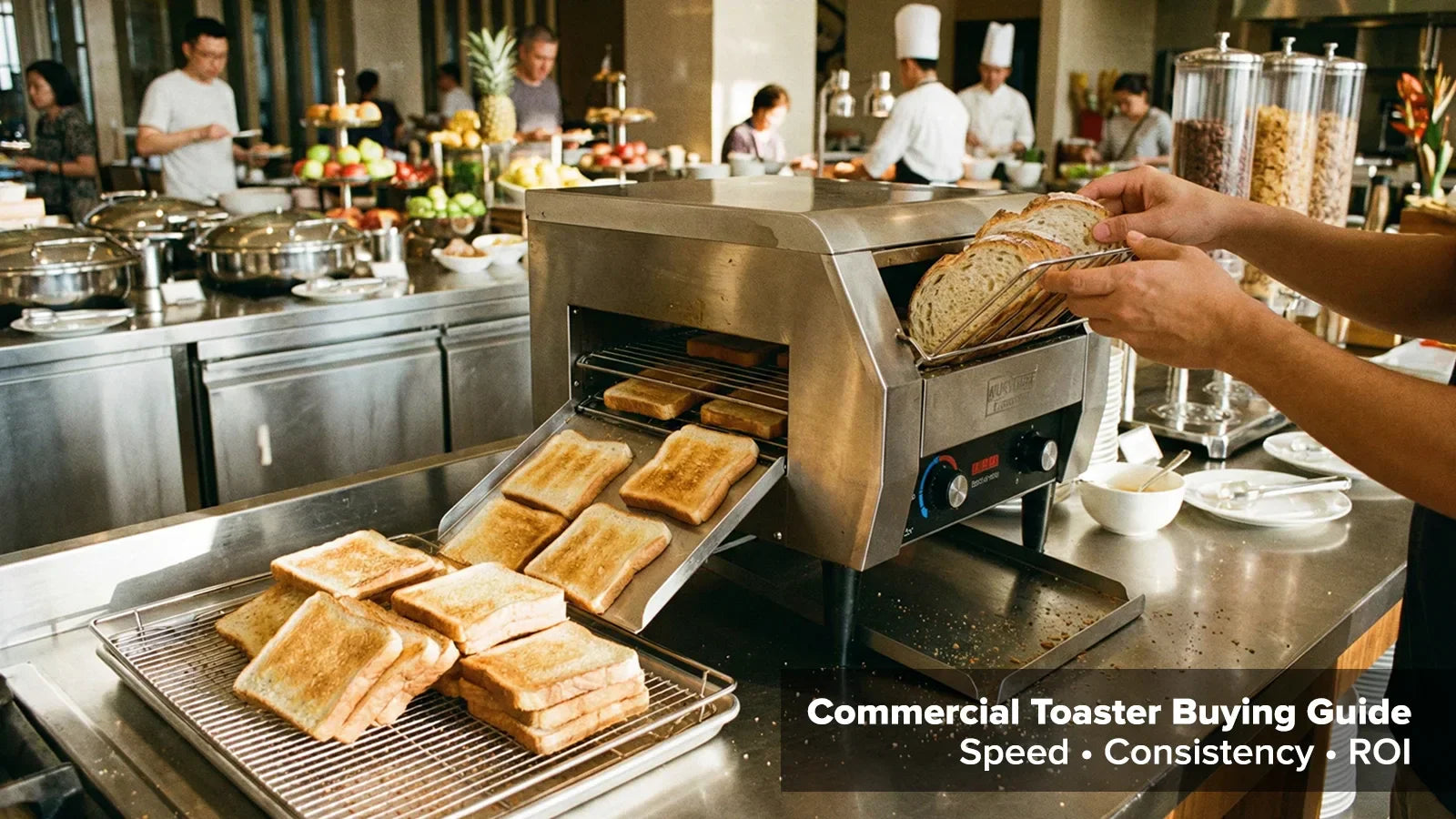 Commercial conveyor toaster producing toast in a high-volume breakfast service station.
