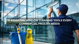 Janitorial worker using professional window cleaning tools on commercial building windows