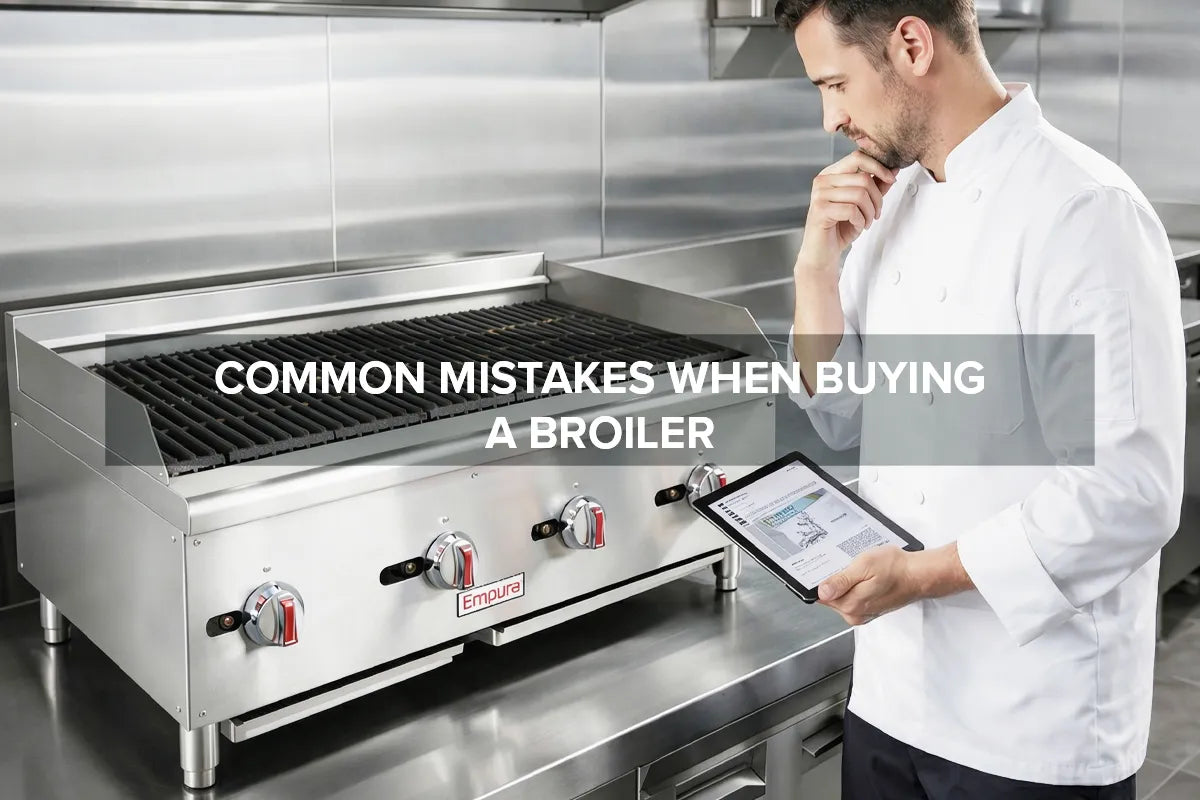 Commercial broiler in a professional kitchen illustrating common mistakes made when buying a broiler