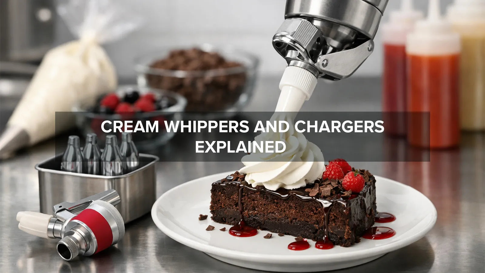 Commercial cream whipper dispensing whipped cream onto a dessert in a professional kitchen