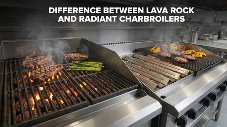 Side-by-side view of lava rock and radiant charbroilers showing different heat systems under the grates