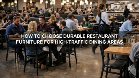 Durable restaurant tables and chairs used in a busy high-traffic dining area