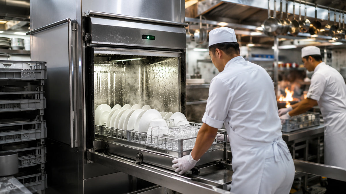 Commercial dishwasher operating in a busy kitchen with efficient water and energy use