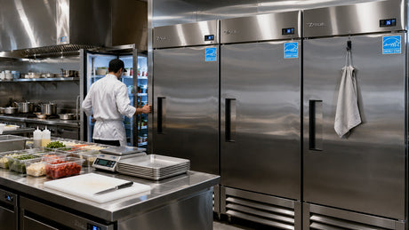 Commercial ENERGY STAR refrigerators in a professional kitchen environment