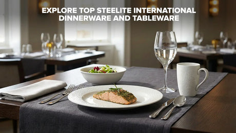 Steelite International dinnerware place setting styled on a restaurant table with plates, bowl, and flatware