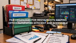 Restaurant office desk with file organizers and paperwork neatly arranged