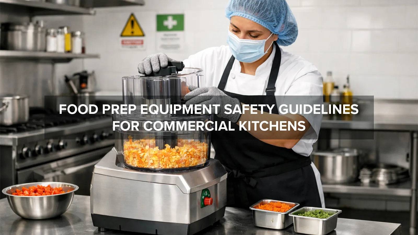 Commercial kitchen staff safely operating food preparation equipment while wearing protective gear