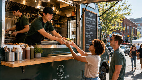 Fully equipped food truck serving customers with visible kitchen setup