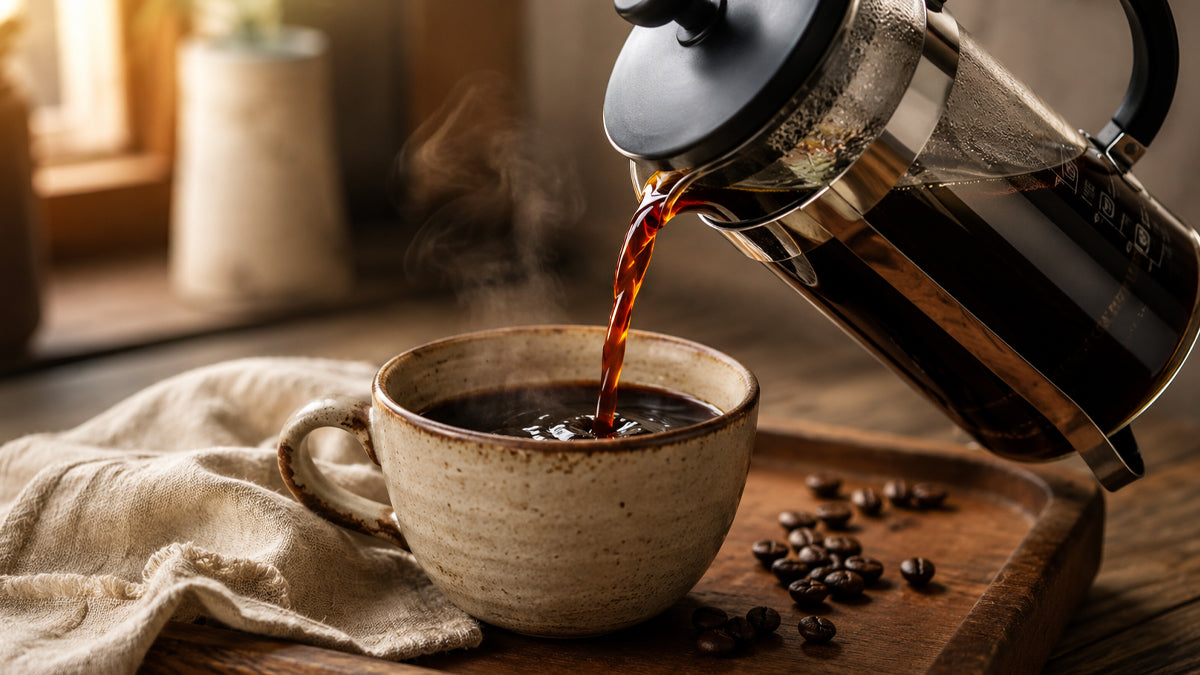 French press coffee being poured into a cup with rich, full-bodied texture