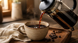 French press coffee being poured into a cup with rich, full-bodied texture