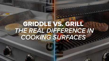 ero banner image showing the visual difference between a flat griddle surface and a raised grill grate with food cooking on each