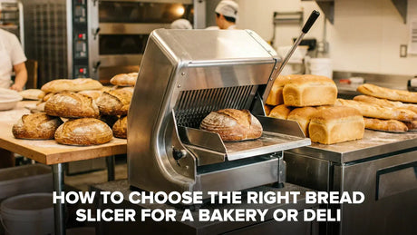 Commercial bread slicer in a bakery with fresh loaves, illustrating how to choose the right bread slicer for a bakery or deli