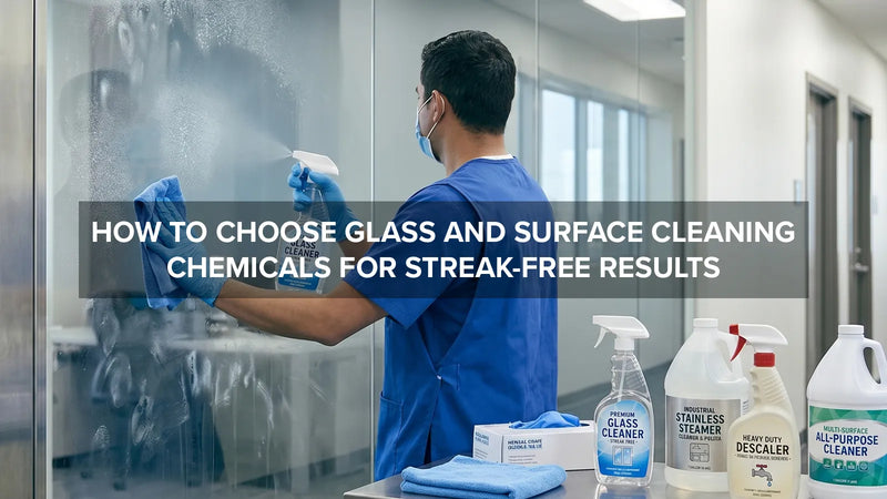Worker cleaning glass surface with spray and cloth for streak-free results in a commercial setting