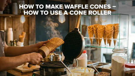 Fresh waffle cone being rolled with a cone roller in an ice cream shop setting