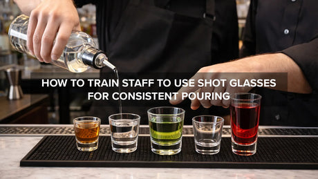 Bartender training staff to pour accurately using shot glasses in a professional bar setting