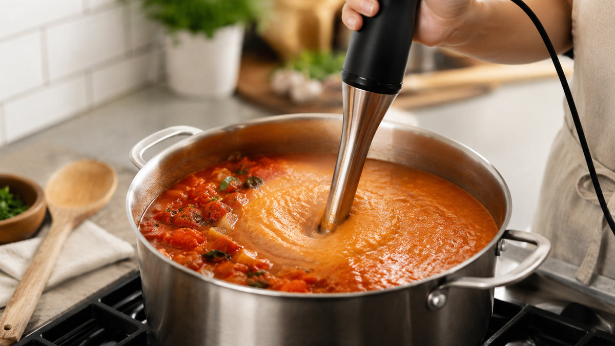 Immersion blender blending soup directly in a pot in a modern kitchen