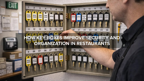 Wall-mounted key box with labeled keys used for secure key storage in a restaurant office