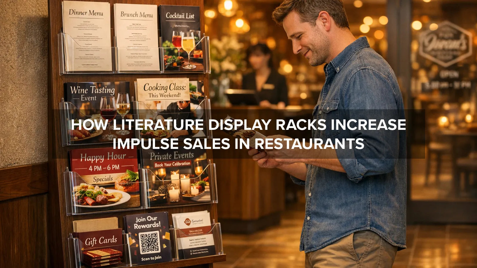 Literature display rack with restaurant flyers and promotions encouraging impulse purchases