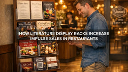 Literature display rack with restaurant flyers and promotions encouraging impulse purchases