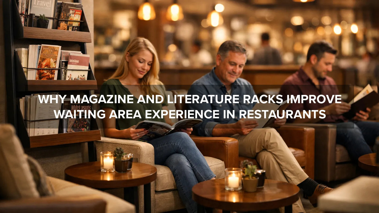 Magazine rack with reading materials in a restaurant waiting area for guests