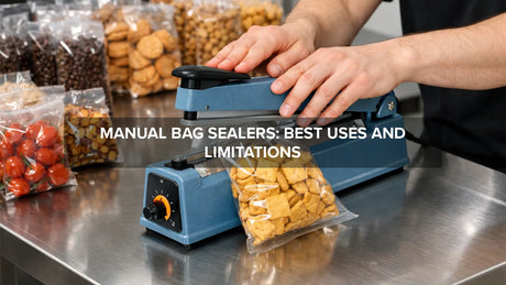 Manual bag sealer used to seal plastic food packaging bags at a commercial prep station