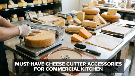 Commercial kitchen cheese cutter with accessories like replacement wires and cleaning tools