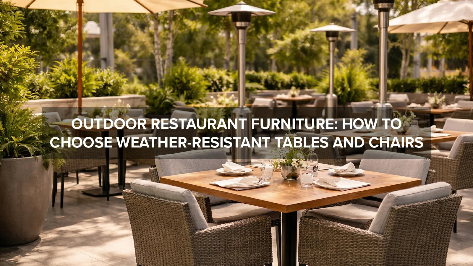  Weather-resistant outdoor restaurant tables and chairs arranged on a patio dining area