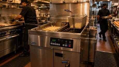 Commercial fryer in a professional kitchen showing baskets and control panel