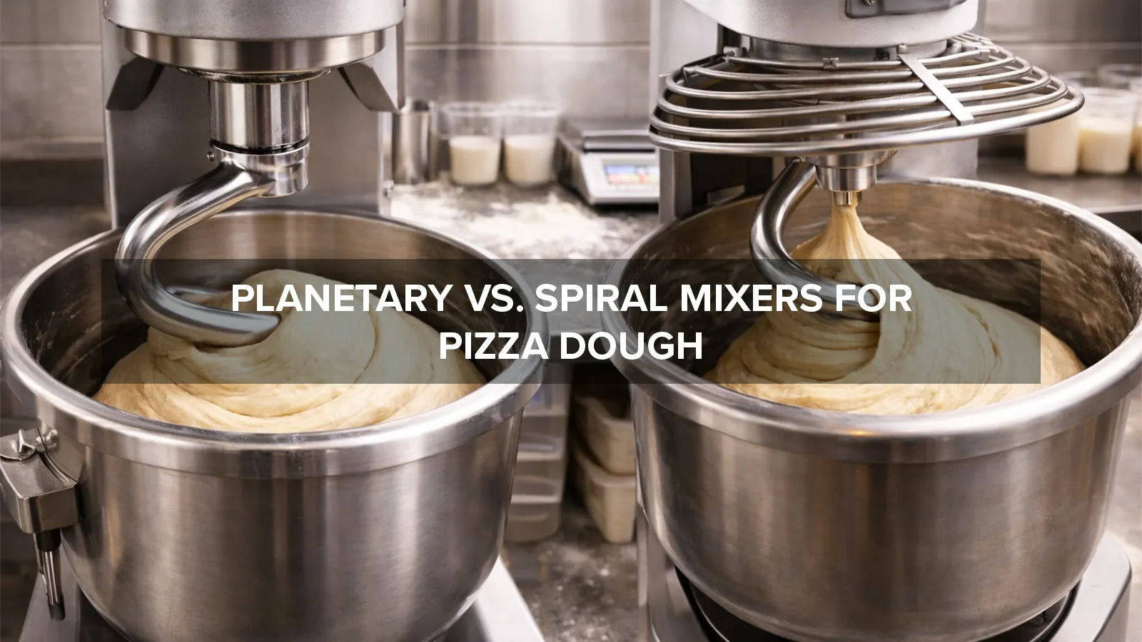 Planetary mixer and spiral mixer side by side in a bakery setting showing equipment compared for pizza dough