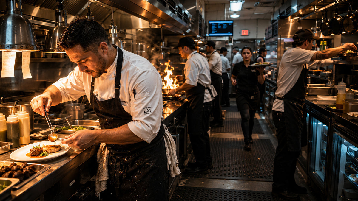Professional chef working in a busy commercial kitchen during service