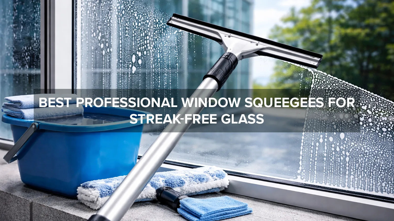 Professional window squeegee removing water from glass for streak-free cleaning