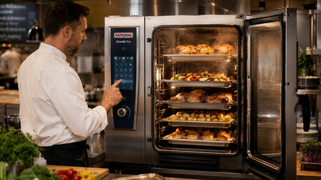 Rational combi oven cooking multiple trays in a commercial kitchen