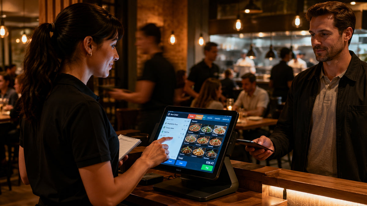 Restaurant staff using POS system to take orders and process payments in a busy dining environment