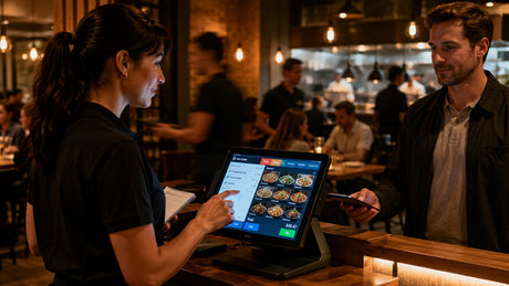 Restaurant staff using POS system to take orders and process payments in a busy dining environment
