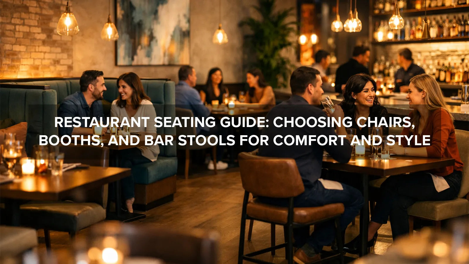 Restaurant dining area with chairs, booths, and bar stools arranged for guest seating