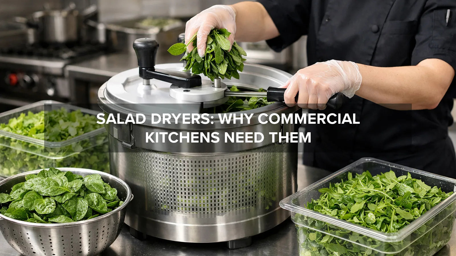 Commercial salad dryer used to remove moisture from washed greens in a restaurant kitchen