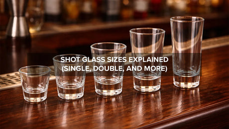 Different shot glass sizes arranged from small to large on a professional bar counter