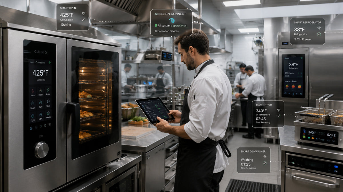 Modern commercial kitchen with smart appliances and digital monitoring systems in use