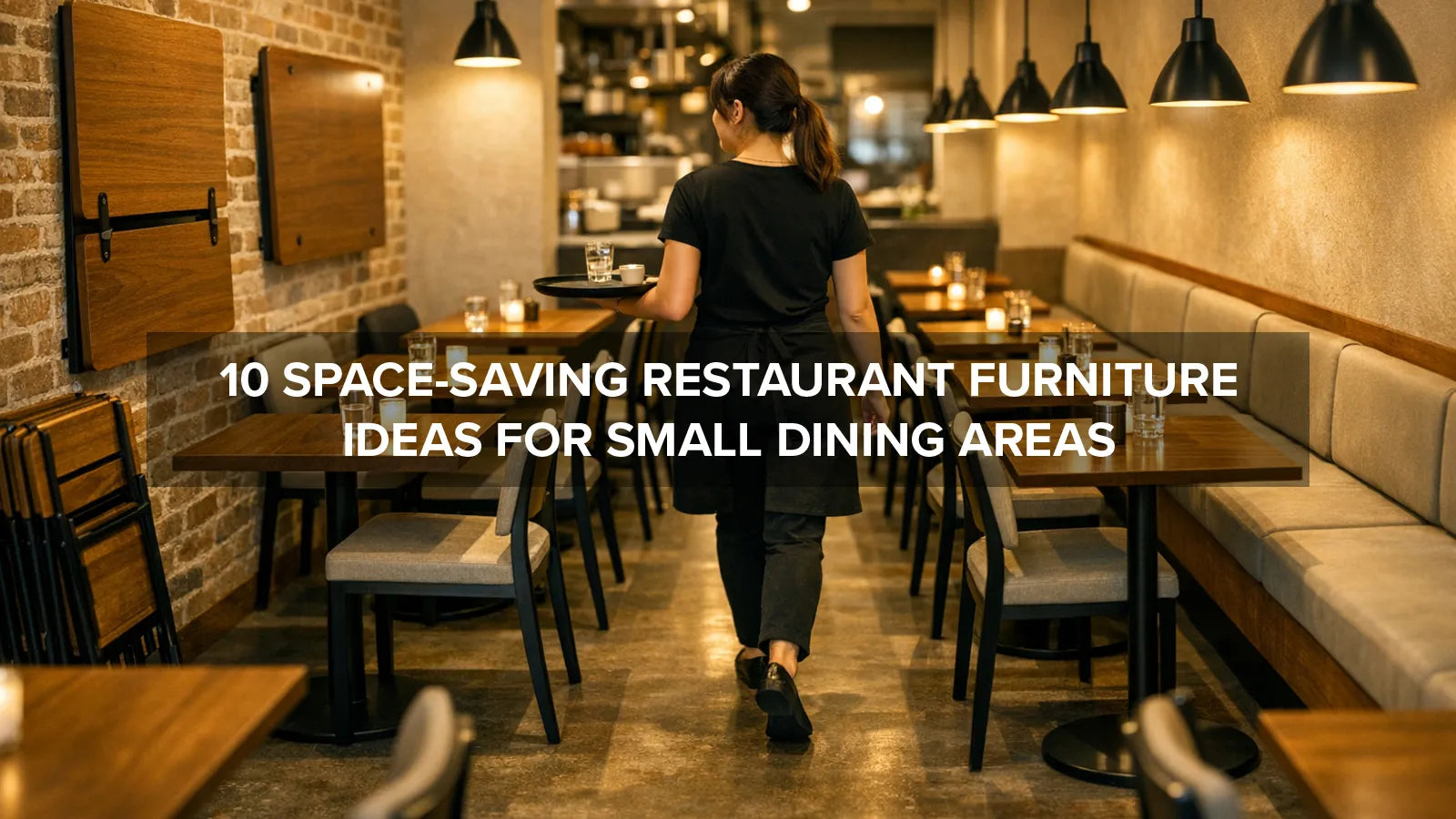 Small restaurant dining area using space-saving tables, chairs, and bench seating to maximize seating capacity