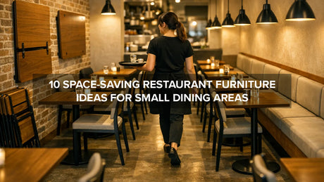 Small restaurant dining area using space-saving tables, chairs, and bench seating to maximize seating capacity